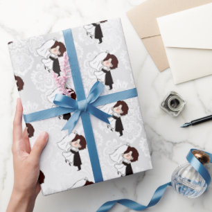 Papel De Presente Noiva e noiva no Damasco Branco