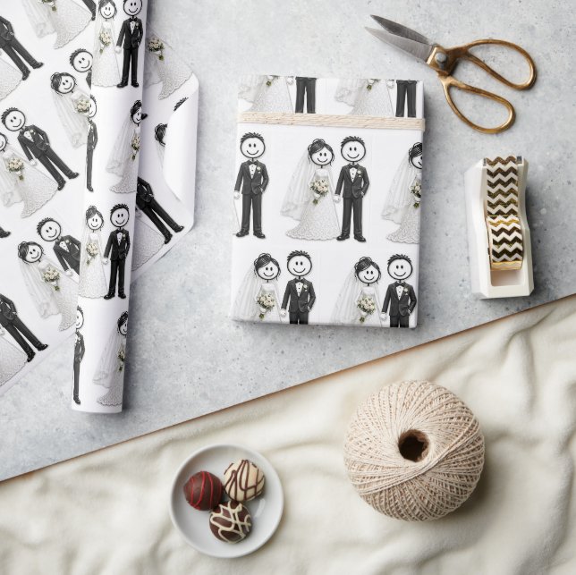 Papel De Presente Noiva e Noivo em Figuras de Palito (Artesanato)