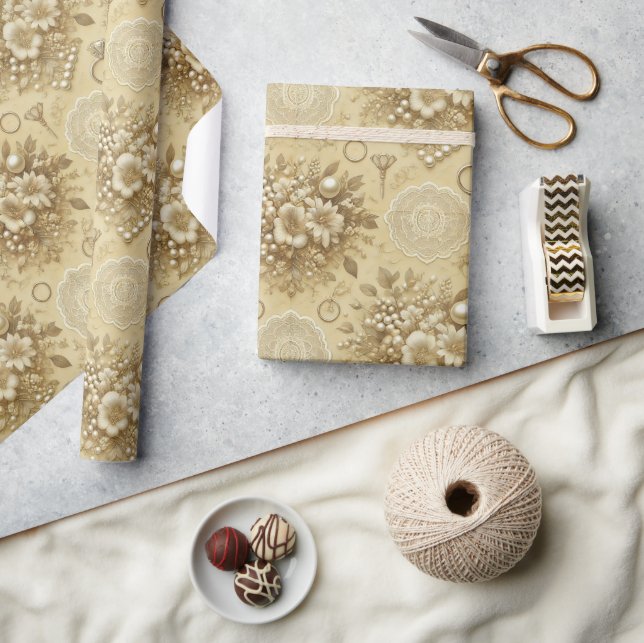 Papel De Presente Noiva Floral Tradicional Pérolas e Renda Casamento (Artesanato)