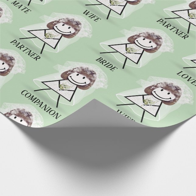 Papel De Presente Noiva Menina Palito com Texto Nupcial em Verde (Ponta)