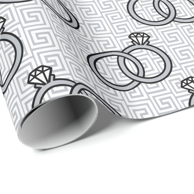 Papel De Presente Noivado com Chave Grega Casamento - Prata & Branco (Ponta do rolo)