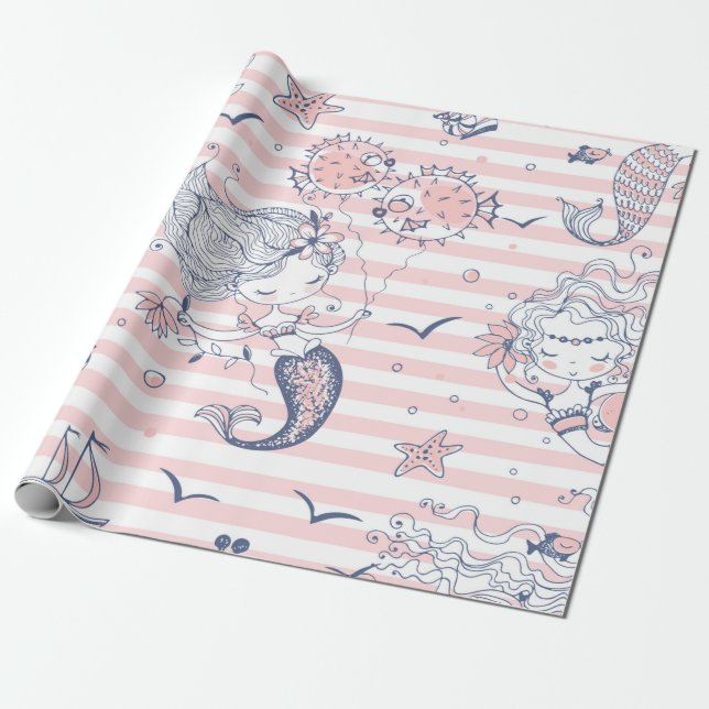 Papel De Presente Noivado das Meninas de Sereia de Verão sob o Mar (Desenrolado)