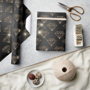 Papel De Presente Noivado Elegante Diamante Preto e Dourado Casament