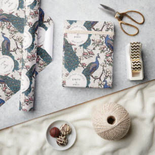 Papel De Presente Noivado Floral de Peacock e Flores de Marfim