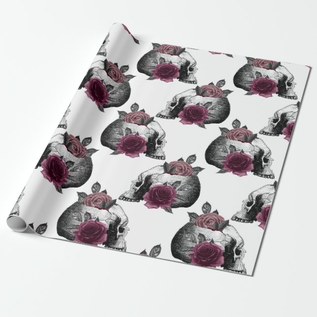 Papel De Presente Noivas Góticas Caveiras Florais Borgonha Caprichos (Desenrolado)
