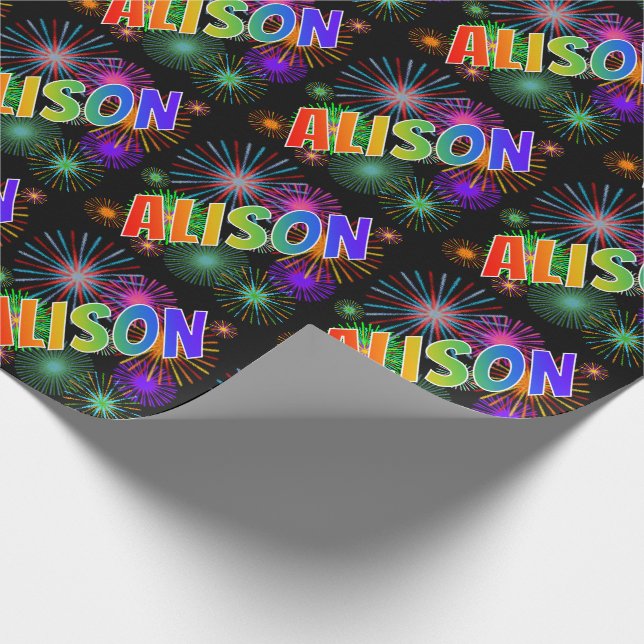 Papel De Presente Nome "ALISON" em Arco-Íris + Fogos de Artifício (Ponta)