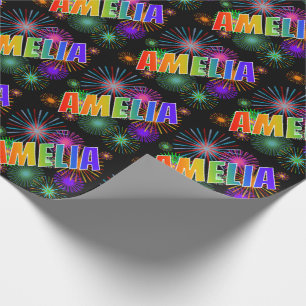 Papel De Presente Nome AMELIA em arco-íris + Fogos de Artifício