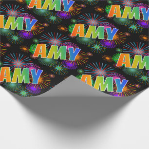 Papel De Presente Nome AMY em Arco-Íris + Fogos de Artifício