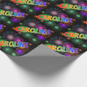 Papel De Presente Nome CAROLINE em arco-íris + Fogos de Artifício