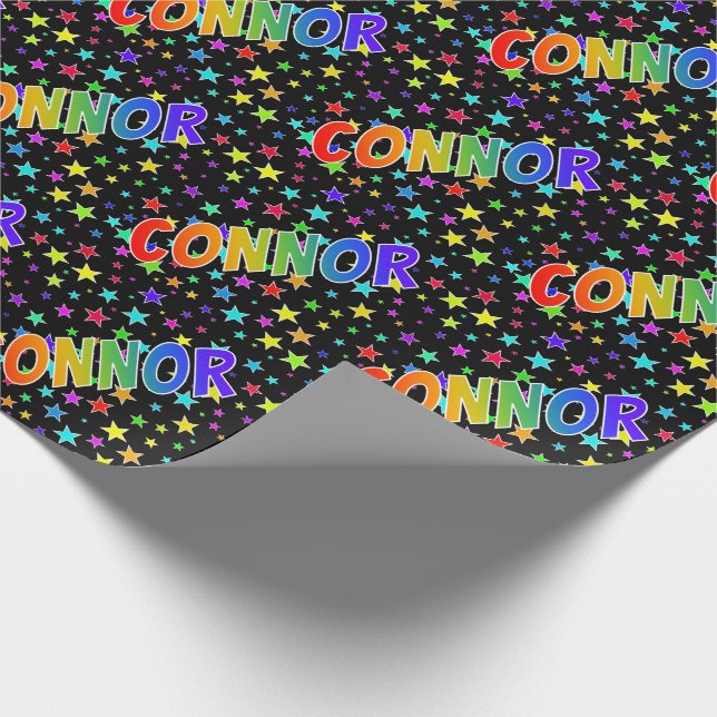 Papel De Presente Nome "CONNOR" do arco-íris + Estrelas (Ponta)
