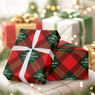 Papel De Presente Nome da Família Marca Xadrez Vermelho Verde Natal