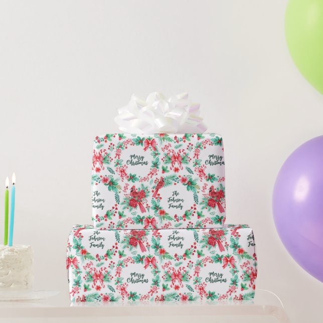 Papel De Presente Nome da família Monograma Wreath Natal (Presentes para festas)