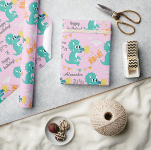 Papel De Presente Nome de Aniversário do Dinossaur - Idade Personali