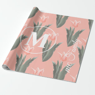Papel De Presente Nome de Família Elegante Monograma Tulipas em Tons