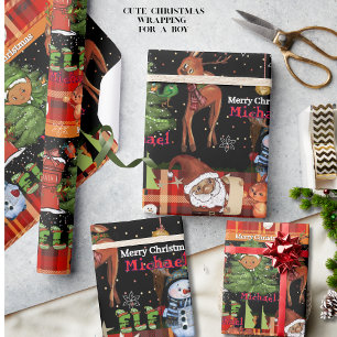 Papel De Presente Nome de Menino Elfo Personalizado Natal Xadrez V