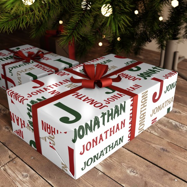 Papel De Presente Nome de Repetição de Feriado Personalizado (Holiday Repeating Name Personalized Wrapping Paper)