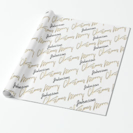 Papel De Presente Nome de Script de Ouro de Feliz Natal Branco Preto