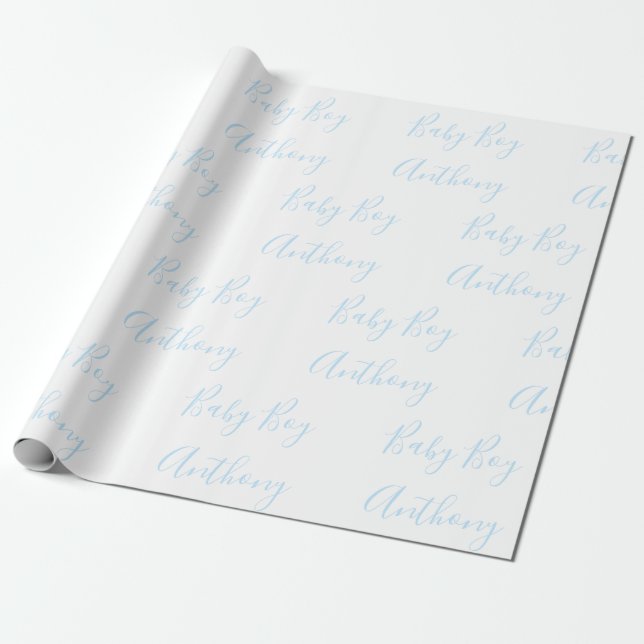 Papel De Presente Nome do Menino Azul Script Personalizado (Desenrolado)