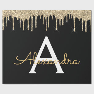 Papel De Presente Nome do Monograma do Glam Glitter Preto Dourado