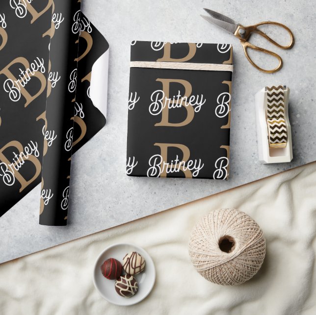 Papel De Presente Nome do Monograma Elegante Moderno Script Dourado  (Artesanato)