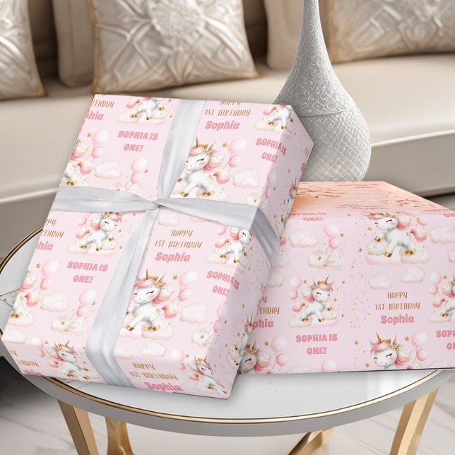 Papel De Presente Nome do primeiro aniversario de Garota Unicorna Co (Pink Cute Unicorn Girl 1st Birthday Name Wrapping Paper)