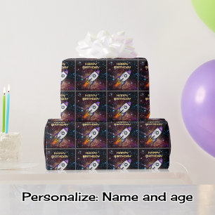 Papel De Presente Nome e idade personalizados do foguete roxo de ani