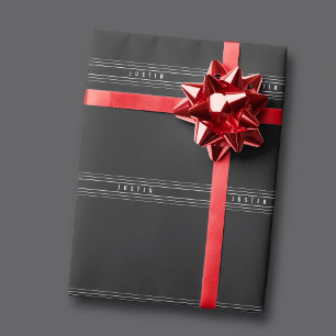 Papel De Presente Nome Editável & Listras Geométricas Preto & Bran