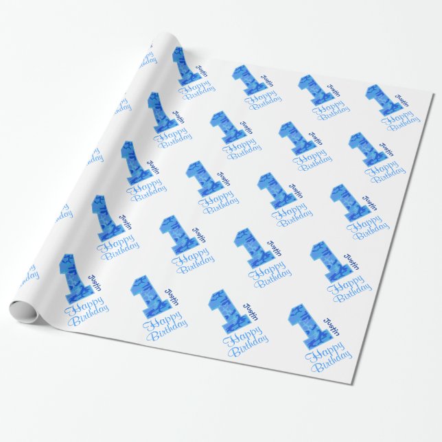 Papel De Presente Nome feito sob encomenda V03a aniversário AZUL de (Desenrolado)