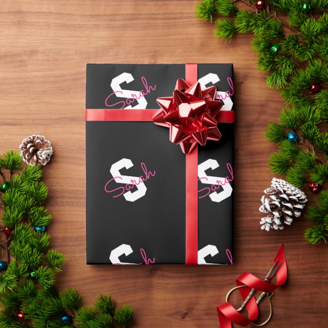 Papel De Presente Nome Fofo & Monograma | Preto Branco & Rosa (Presente de Natal)