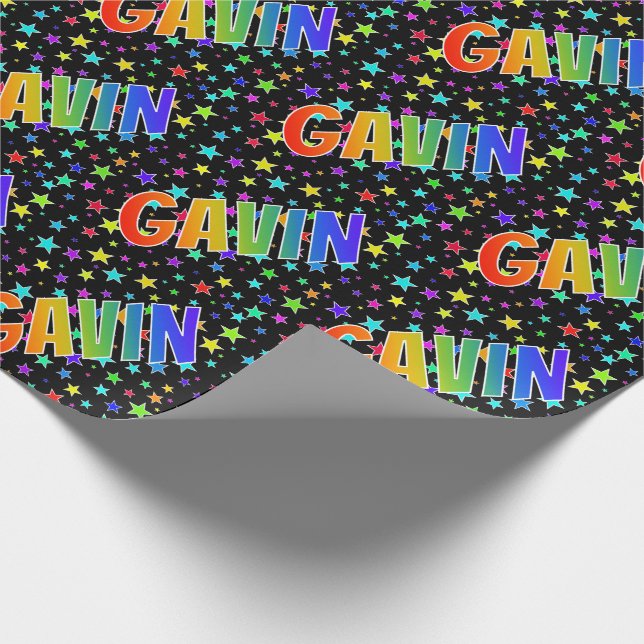 Papel De Presente Nome "GAVIN" em Arco-Íris + Estrelas (Ponta)