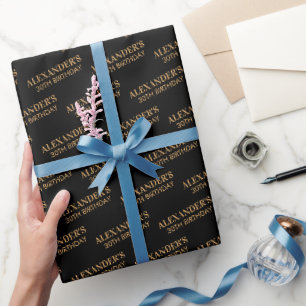 Papel De Presente Nome Idade Preto e Dourado Chic Aniversário