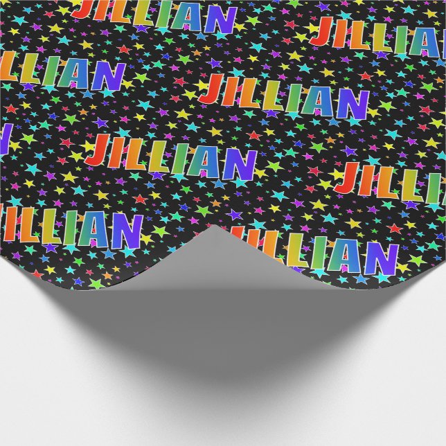 Papel De Presente Nome "JILLIAN" em Arco-Íris + Estrelas (Ponta)