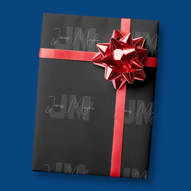 Papel De Presente Nome Moderno e Monograma | Cinzas e preto (Criador carregado)