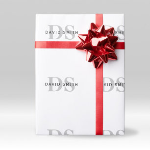 Papel De Presente Nome Moderno & Monograma Branco Preto & Cinza
