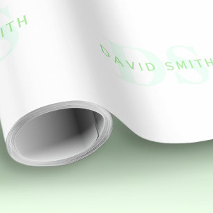 Papel De Presente Nome Moderno & Monograma Verde & Branco