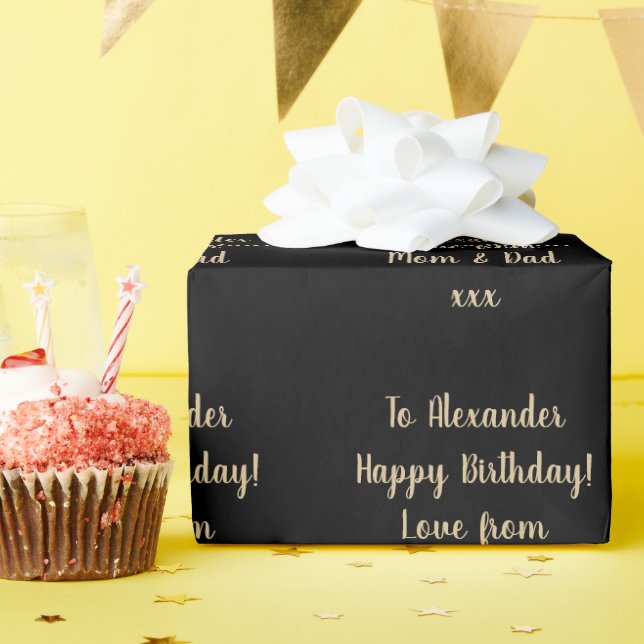 Papel De Presente Nome Moderno Tipografia Dourada Parabéns Preto (Festa de aniversário)
