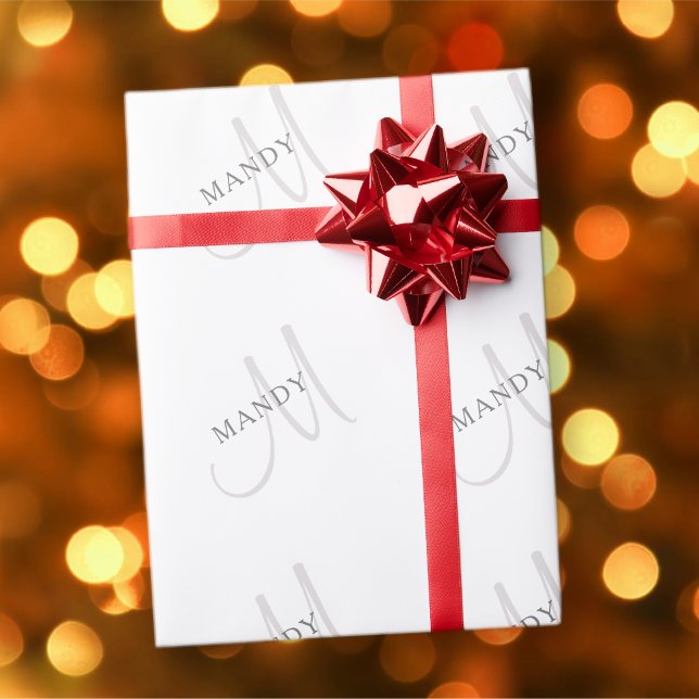 Papel De Presente Nome Monograma Elegante & Branco & Cinza (Criador carregado)