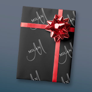 Papel De Presente Nome Monograma Elegante Preto Branco e Cinza