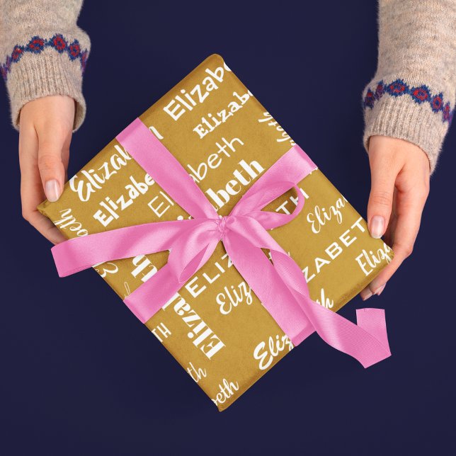 Papel De Presente Nome Monograma inicial Presente Personalizado Bran (Name Initial Monogram Gold White Personalized Gift Wrapping Paper)