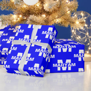 Papel De Presente Nome Monograma Personalizado Azul Real Elegante