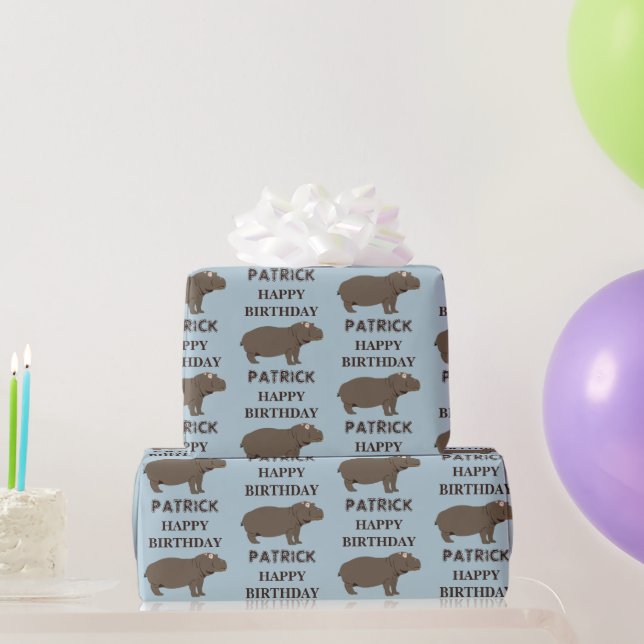 Papel De Presente Nome Personalizado Birthday Hippopotamus Hippo (Presentes para festas)