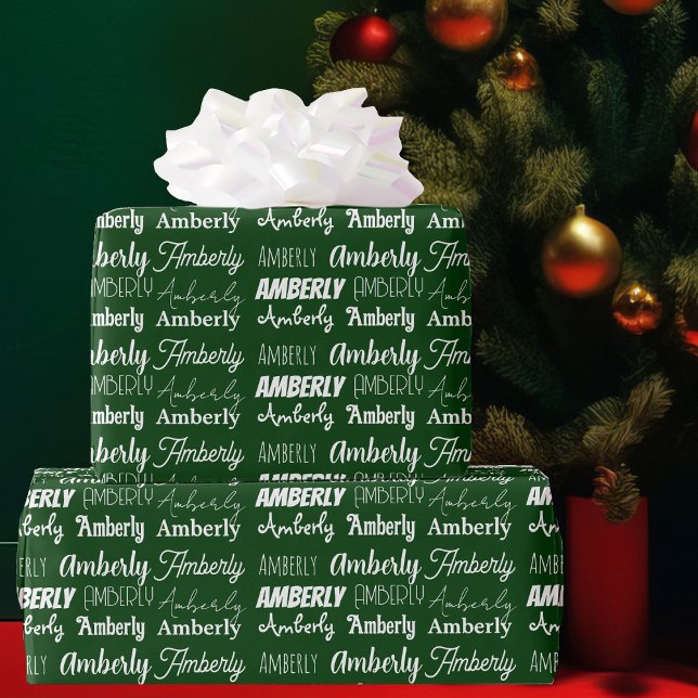 Papel De Presente Nome Personalizado Colagem de Fontes Verde Natal (Criador carregado)