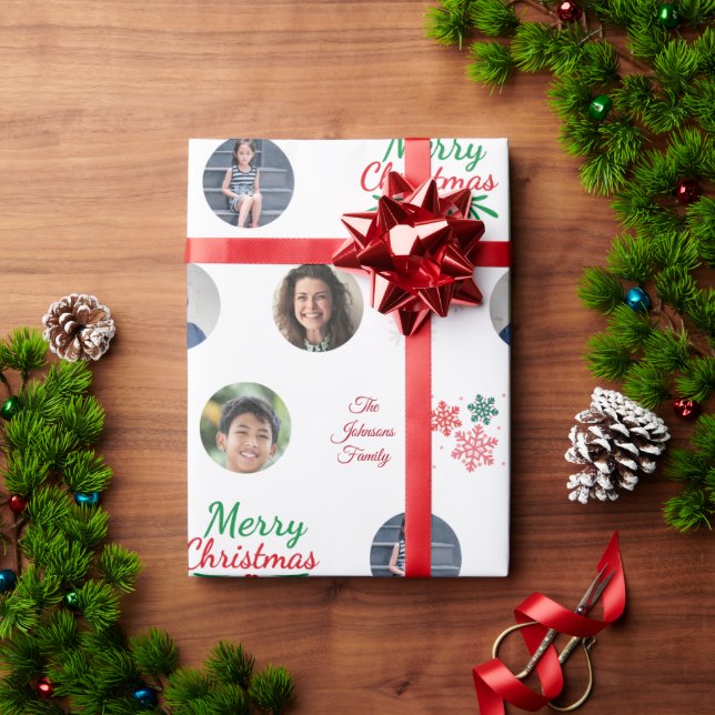 Papel De Presente Nome Personalizado da Família 4 Colagem de Fotos E (Presente de Natal)