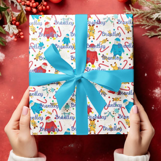 Papel De Presente Nome Personalizado de Ursos Polares de Penguins (Penguins Reindeer Polar Bears Personalized Name Wrapping Paper)