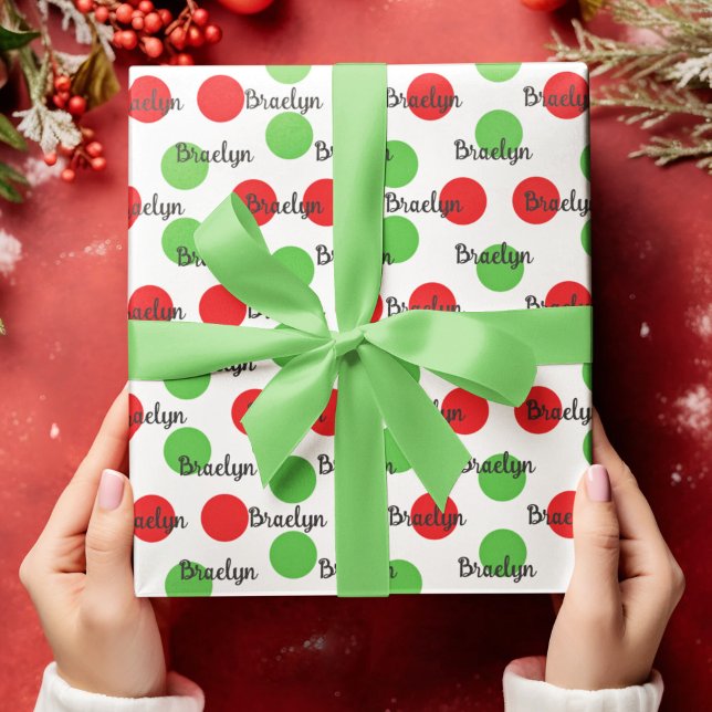 Papel De Presente Nome Personalizado do Círculo Vermelho e Verde (Red and Green Circle Personalized Name Wrapping Paper)