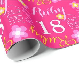 Papel De Presente Nome personalizado do Flor Ruby 18 aniversários