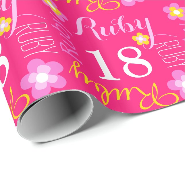 Papel De Presente Nome personalizado do Flor Ruby 18 aniversários (Ponta do rolo)