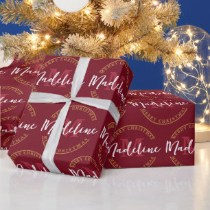 Papel De Presente Nome Personalizado do Monograma de Natal Vermelho 