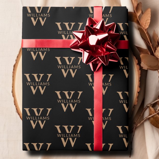 Papel De Presente Nome Personalizado do Monograma Elegante Preto Per (Elegant Personalized Monogram Name Custom Black Wrapping Paper)