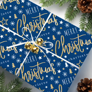 Papel De Presente Nome Personalizado do Script de Natal Merry Blue F